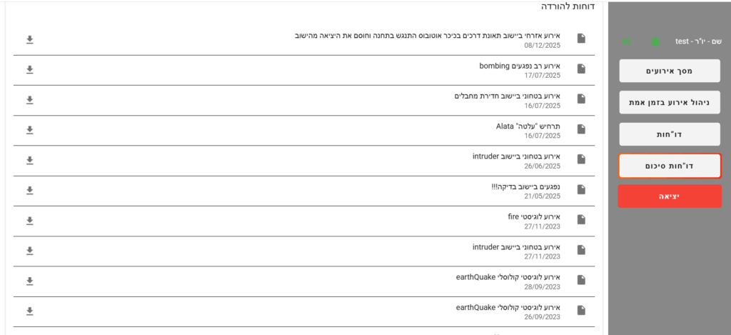 דוחות להורדה מתוך המערכת לניהול חירום